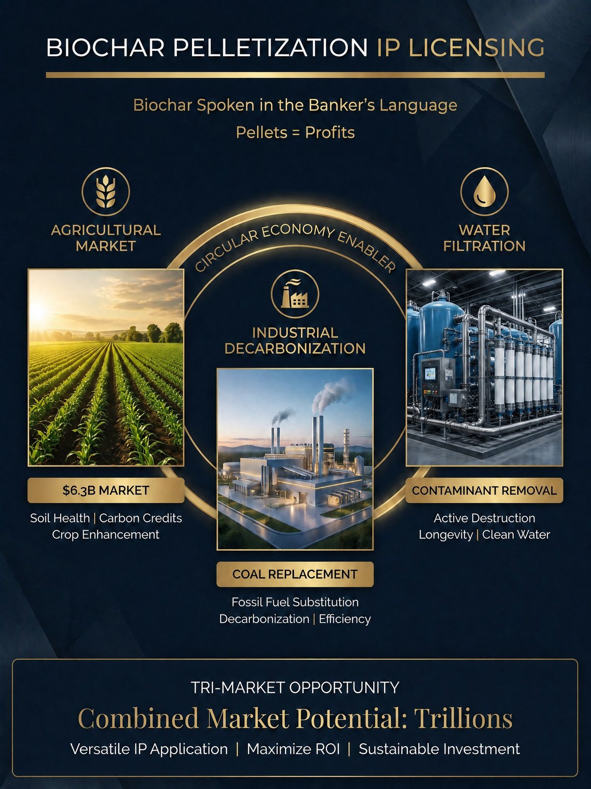 Infographic showing biochar pelletization IP licensing opportunities across agricultural markets, water filtration, industrial decarbonization, and coal replacement with combined market potential in trillions